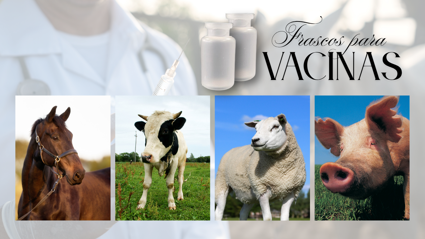 Frascos de vacinas para animais, material injetado PP e PEAD. 